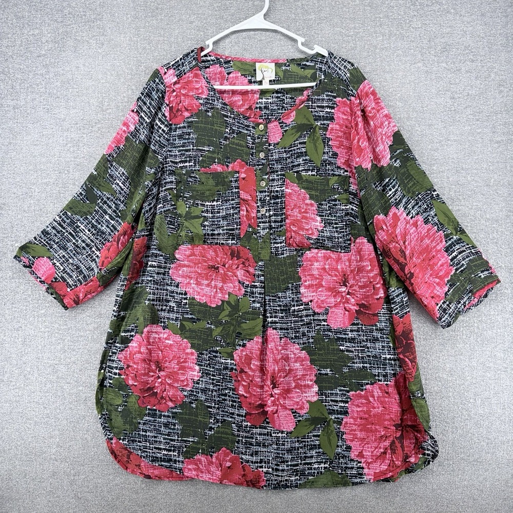 Fig and Flower Tunic Top Women Size 2X Gray Floral Casual Lightweight 3/4 Sleeve